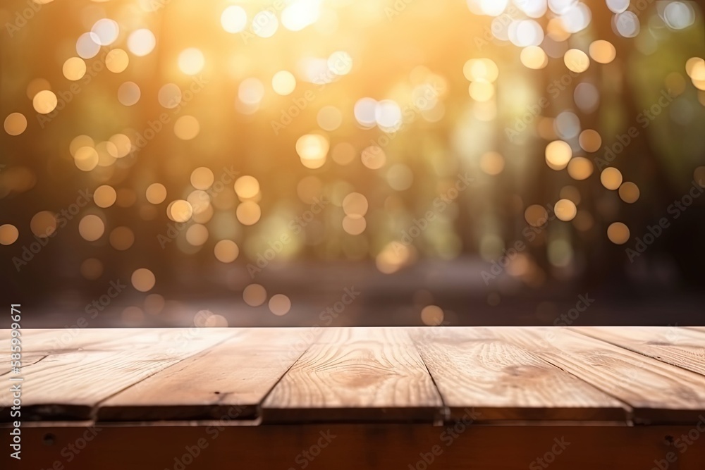 Poster wooden table top with bokeh effect background created with generative ai technology