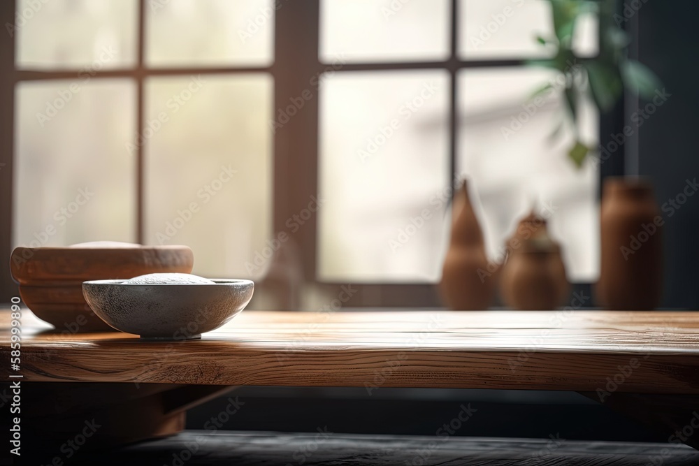 Poster rustic wooden table with a delicious meal served in a bowl on top created with generative ai technol