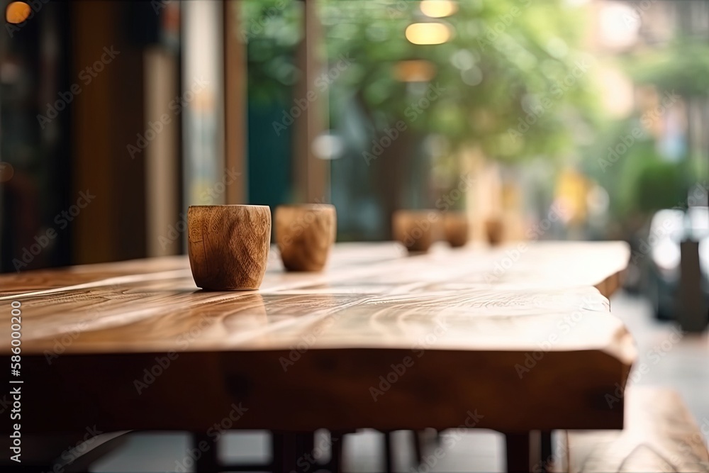Poster wooden table with two cups on top of it created with Generative AI technology