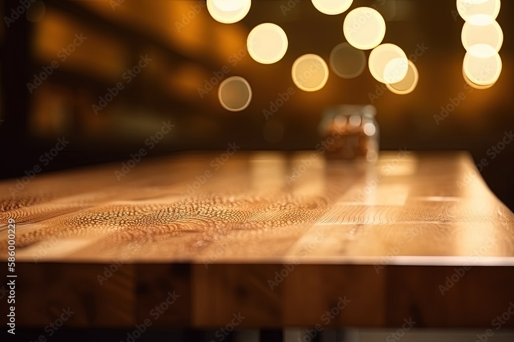 Poster rustic wooden table with warm ambient lighting created with generative ai technology
