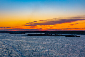 Sunrise over coastline of Aland islands in Finland