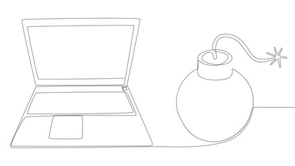 One continuous line of Laptop with Laptop with bombword. Thin Line Illustration vector concept. Contour Drawing Creative ideas.