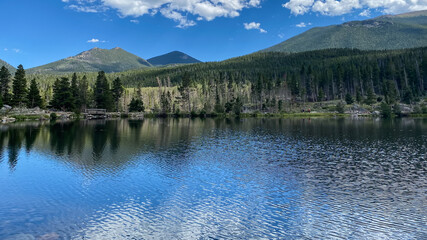 Sprague Lake in Rocky Mountain National Park mountain view from the walking path