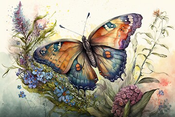 A colorful butterfly with a watercolor garden background Generative AI