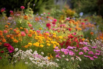 Colorful wild flowers on a farm. Generative AI
