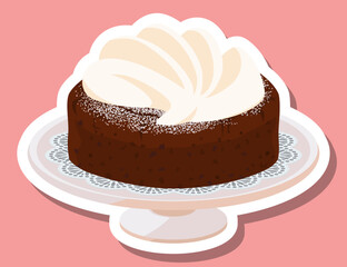ステッカー風ケーキスタンドに乗せたガトーショコラ　生クリームたっぷり