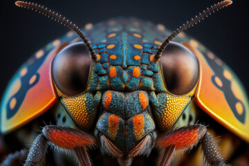 Obraz premium A close up of a bug's face with a multicolored pattern created with Generative AI