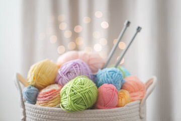 Cozy homely atmosphere. Female hobby knitting. Yarn pastel multicolor in a basket. Skeins, balls, knitting needles, hooks and scissors.