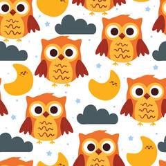 seamless pattern cartoon owl with moon and night cloud. cute animal wallpaper for textile, gift wrap paper