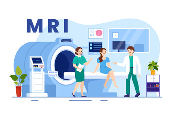 MRI or Magnetic Resonance Imaging Illustration with Doctor and Patient on Medical Examination and CT scan in Flat Cartoon Hand Drawn Templates