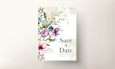 wedding invitation card with flowers and leaves watercolor