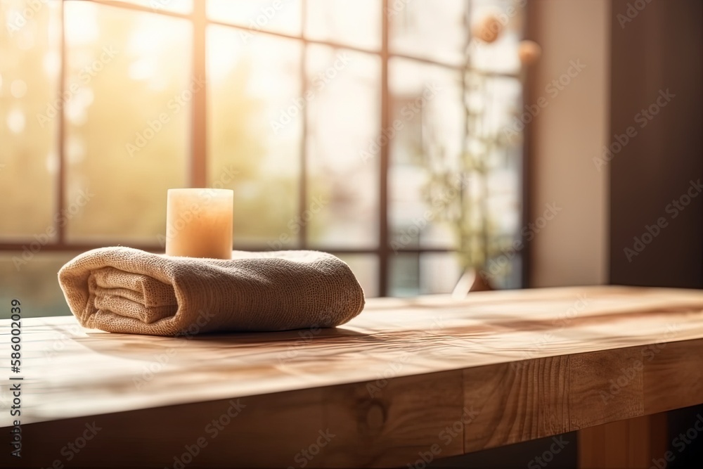 Poster lit candle casting a warm glow on a rustic wooden table created with generative ai technology