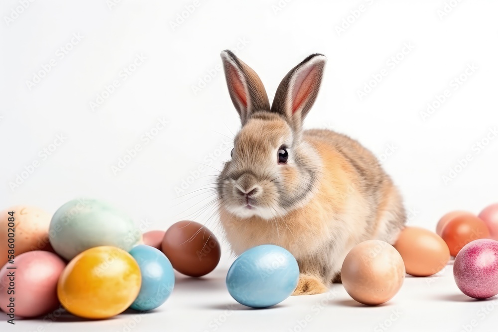 Poster cute rabbit surrounded by colorful easter eggs on a white background created with generative ai tech