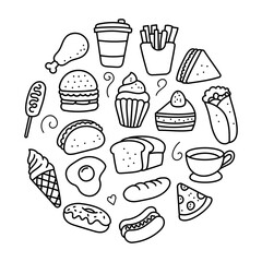 Collection of food doodle illustrations arranged in a circle shape isolated on white background