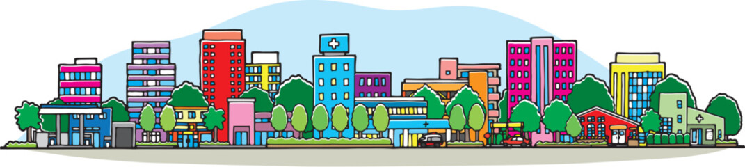 Naklejka premium ビルが立ち並ぶ街並みのイラスト. 手描きスタイル.