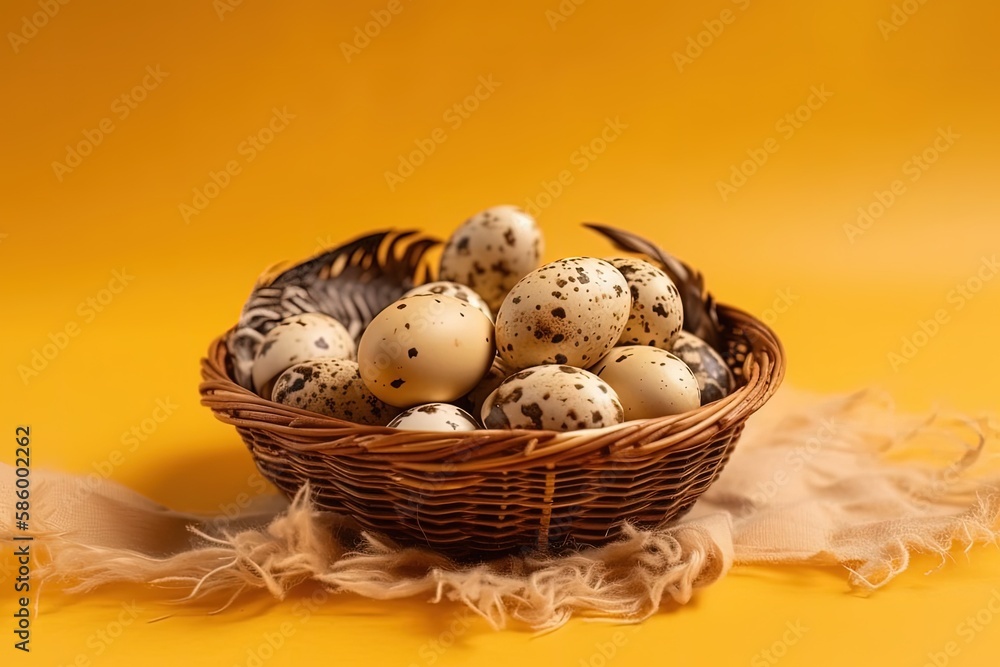 Poster basket filled with colorful eggs on a wooden table created with generative ai technology