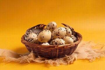 basket filled with colorful eggs on a wooden table created with Generative AI technology