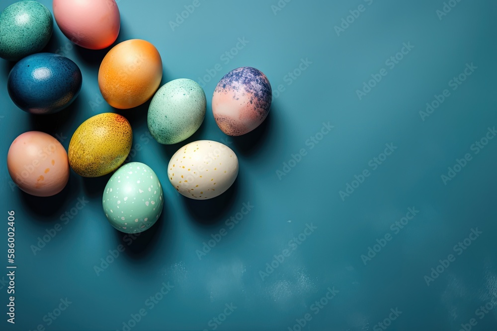 Aufkleber illustration of colorful easter eggs arranged on a blue background created with generative ai techno
