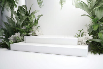 Generative AI of white podium with tropical plants on white background.