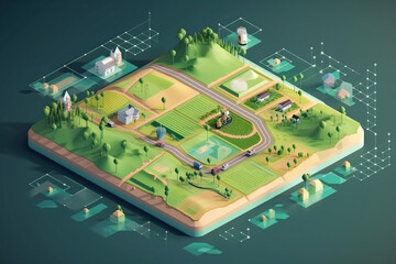 Fototapeta na wymiar Farm concept isometric composition with village, road, trees and houses on green background, Generative AI