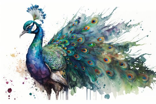 A colorful peacock spreading its feathers, painted with vibrant and iridescent watercolors Generative AI