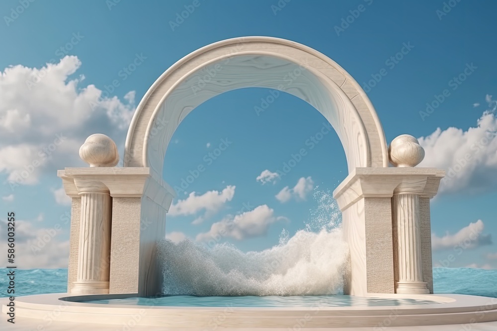 Poster white arch with a wave emanating from it against a blue background created with generative ai techno