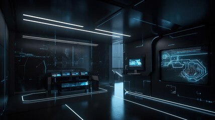 AI Generative futuristic dim with LED line lighting design technology office space