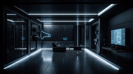 AI Generative futuristic dim with LED line lighting design technology office space