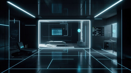 AI Generative futuristic dim with LED line lighting design technology office space