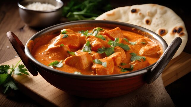 A steaming bowl of butter chicken a creamy tomato sauce