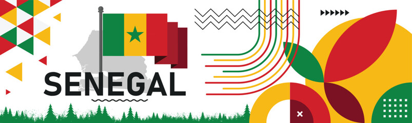 Senegal national day banner with map, flag colors theme background and geometric abstract retro modern green yellow red design. Senegalese flag Africa Vector Illustration.