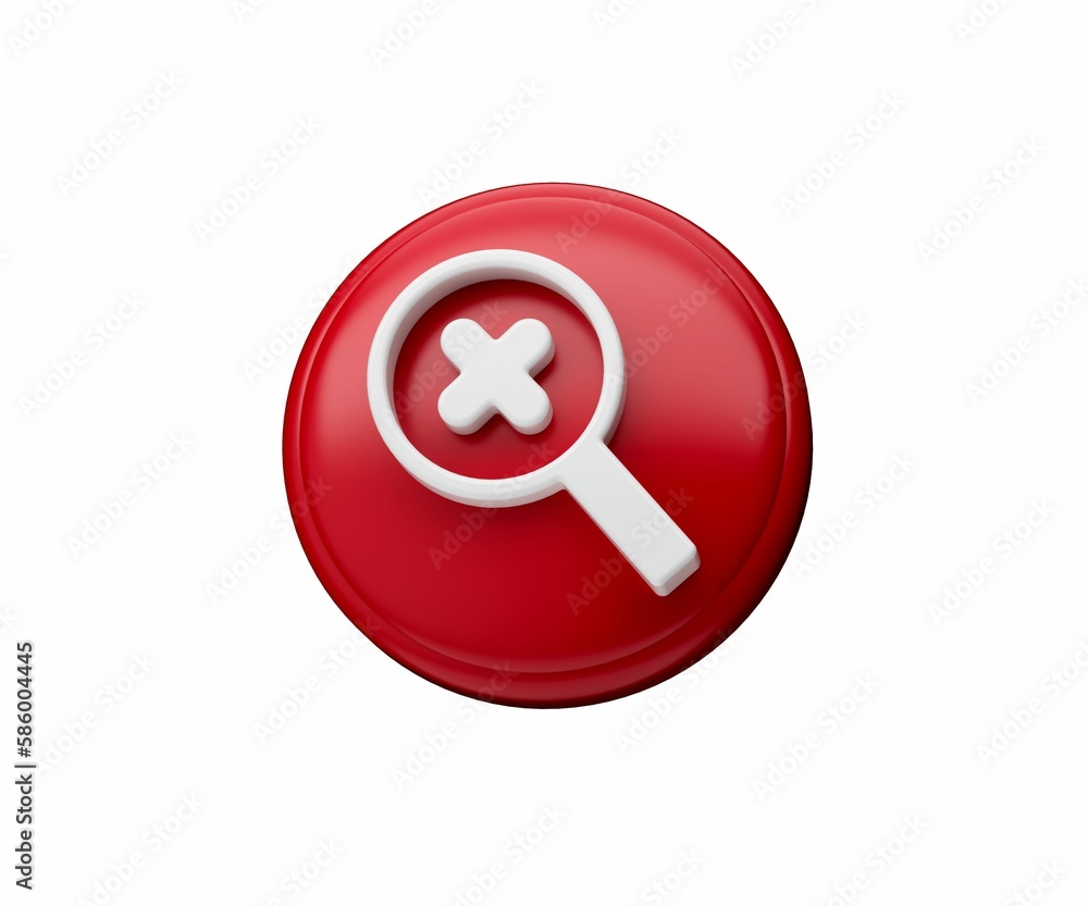 Poster 3d render of red not found search button icon isolated on white background