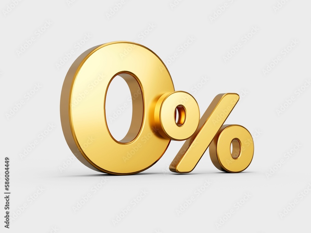 Poster 3d render of a golden 0 zero percent icon on gray background with shadow.