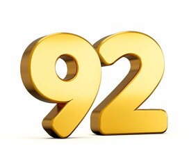 3d illustration of golden number ninety two isolated on white background with shadow