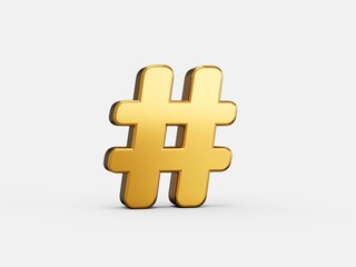 3d render of golden hashtag icon on gray background with shadow