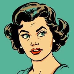 Pensive expressive woman's face in 1950s cartoon style
