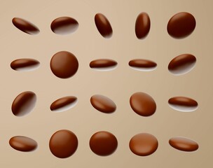 3d illustration of falling brown candy gems isolated on brown background