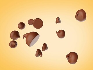 3D render of brown chocolate chips on a yellow background