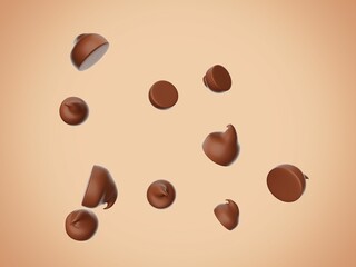 3D render of floating chocolate chips or morsel drops isolated on a pastel brown background
