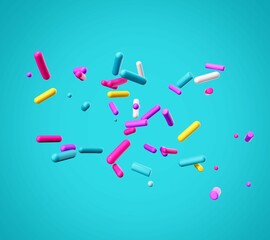 3D rendering of floating colorful cake sprinkles isolated on a bright cyan background