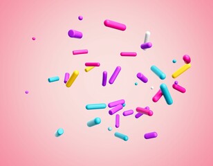 3D render of colorful sugar sprinkles on a pink background