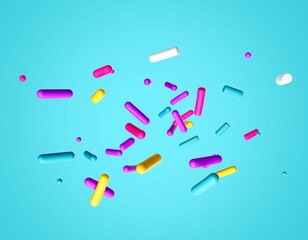 3d illustration of flying colorful sprinkles isolated on cyan background