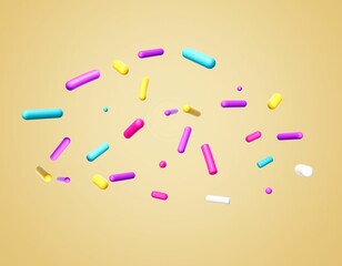 Fototapeta na wymiar 3D render of colorful sugar sprinkles on a yellow background
