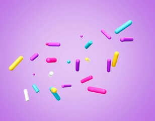 3D render of colorful sugar sprinkles on a purple background