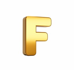 3D rendering of gold alphabet capital letter F isolated on white background