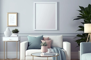 Fototapeta na wymiar A cozy domestic room with white walls, empty picture frame, stylish furniture and potted plant. Generative ai illustration