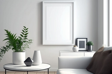 Obraz na płótnie Canvas A cozy domestic room with white walls, empty picture frame, stylish furniture and potted plant. Generative ai illustration