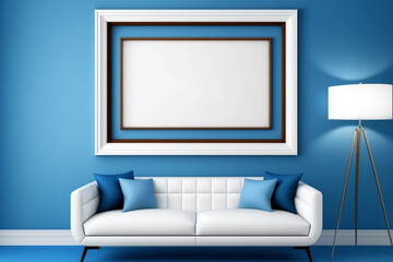 Living room with huge empty blank picture frame mockup in scandinavian style on blue wall. Generative ai interior design