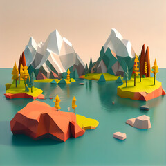 Low poly render of a landscape with a mountains and sea. generative ai
