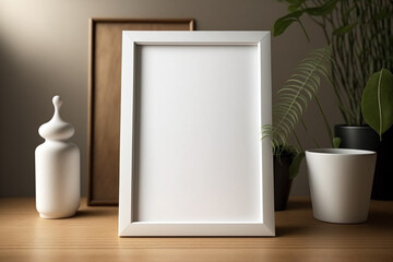 Empty blank picture frame mockup on wooden table. Generative ai interior concept